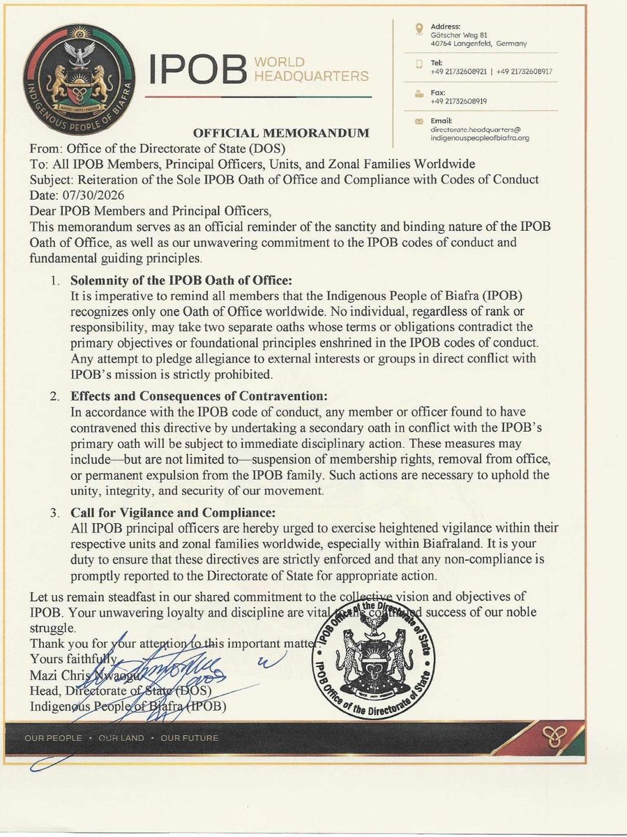 Solomon_Egbo's tweet photo. ONE MOVEMENT, ONE OATH.

The Directorate of State (DOS) has issued an official warning to all global structures. IPOB recognise only ONE Oath of Office worldwide. Any member or officer who pledges allegiance to rogue, external factions or takes a secondary oath will face immediate and permanent expulsion.

Read the full memorandum below. Discipline and loyalty to the Supreme Leader remain absolute!

#IPOBWorldwide  #Biafra #DOS #MaziNnamdiKanuDirective 👇👇👇