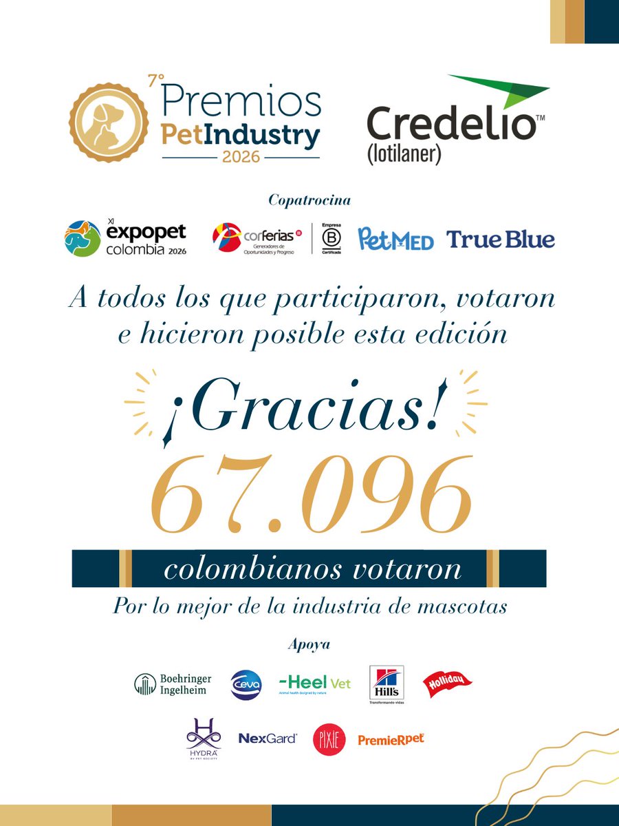 PetIndustryMag's tweet photo. 67.096 colombianos votaron. Gracias por creer, participar y hacer grande a nuestra industria.
Además, quienes quieran acompañarnos podrán realizar su registro profesional y asistir al Primer Simposio Pet Industry:

👉 https://t.co/xtS0FQ2tOL

Nos vemos en Expopet. https://t.co/Tou4hIBhum