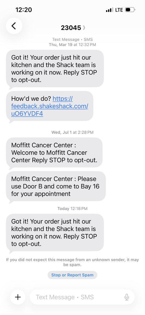 CatherineNester's tweet photo. why are shake shack and my doctor texting me from the same number https://t.co/OLCfVSKJRo