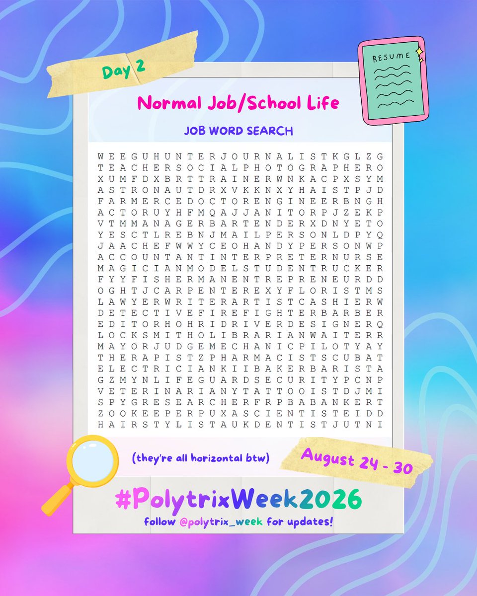 polytrix_week's tweet photo. 📣 #PolytrixWeek2026 💚💜🩷 is in ~4️⃣ weeks! August 24-30

coworkers? prom royalty? what would polytrix be up to if they weren’t idols 🤔 

ideas for Day 2: Normal Job/School Life ✂️✏️👔

RT+like to spread the word! 🙏 https://t.co/uX6hgW94ve