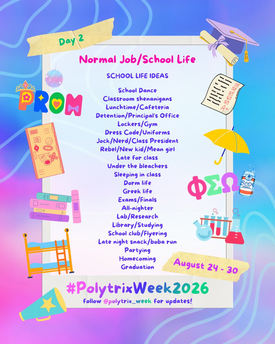 polytrix_week's tweet photo. 📣 #PolytrixWeek2026 💚💜🩷 is in ~4️⃣ weeks! August 24-30

coworkers? prom royalty? what would polytrix be up to if they weren’t idols 🤔 

ideas for Day 2: Normal Job/School Life ✂️✏️👔

RT+like to spread the word! 🙏 https://t.co/uX6hgW94ve