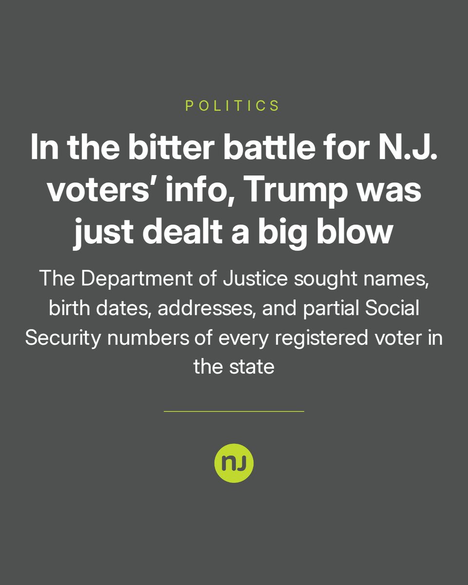 njdotcom's tweet photo. The Department of Justice sought names, birth dates, addresses, and partial Social Security numbers of every registered voter in the state https://t.co/5HXKBl59wI