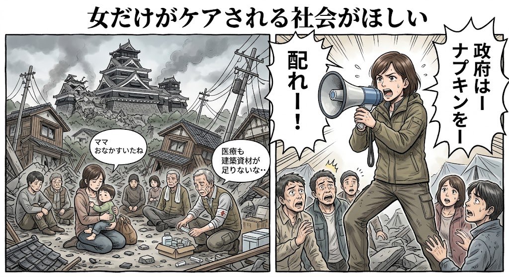spit_flower's tweet photo. 被災地に足りないもの：
・食料
・水
・医療機器
・建築資材

女が配れと要求するもの：
・ナプキン笑

女さんにとっては、被災者の救命とか復興とかはどうでもいい。誰もが安全な家屋よりナプキンの方が重要らしい笑

「女だけが特別に優遇されケアされる国」が欲しいんだなとよく分かる。 https://t.co/CUyqL1lNaE