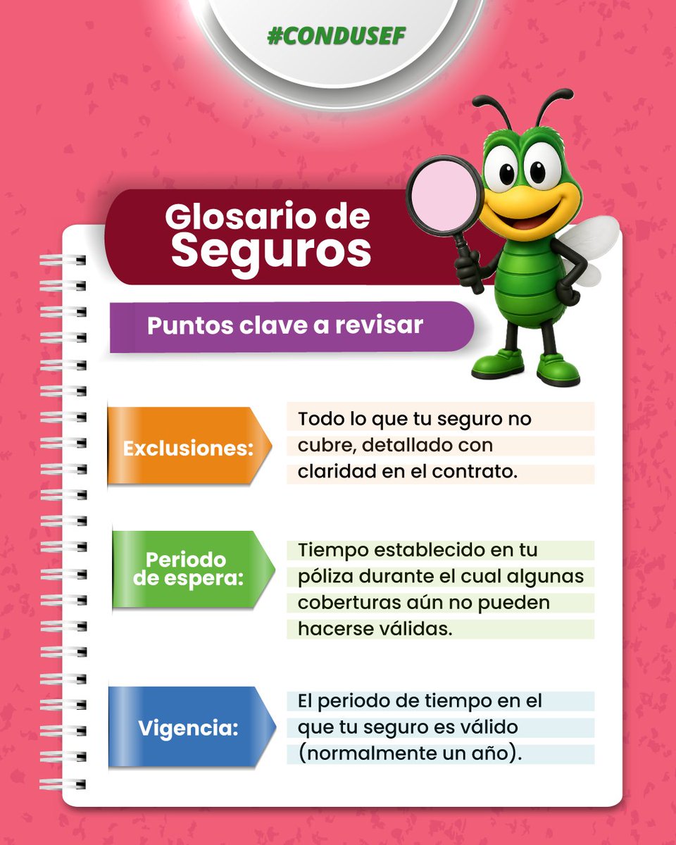 CondusefMX's tweet photo. 📖 Un seguro se entiende mejor cuando conoces sus conceptos.

🚫 Exclusiones
⏳ Periodo de espera
📅 Vigencia

💡 Descubre qué significan en nuestro glosario de #Seguros y toma decisiones con mayor confianza.

#Resiliencia https://t.co/Vzfuys1mMq
