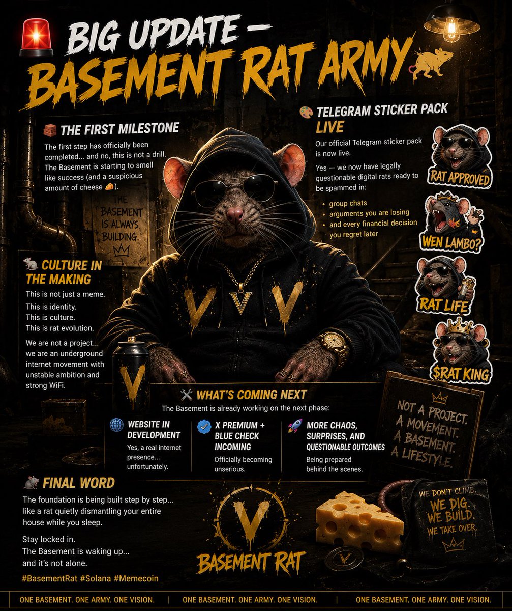 BasementRatArmy's tweet photo. 🚨 BIG UPDATE — BASEMENT RAT 🐀

The first milestone is complete. 🧱

Our official Telegram Sticker Pack is now LIVE! 🎨

The Basement keeps growing.

🔨 Website in development
🔵 X Premium + Blue Check incoming
🚀 More updates. More chaos. More surprises.

#BasementRat #Solana https://t.co/Nensk34pTW