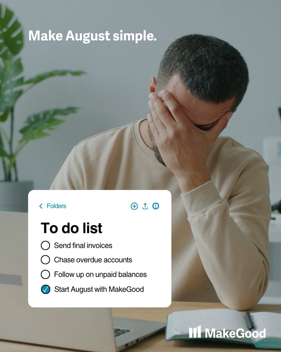 MakeGoodApp's tweet photo. End of month to-do list: chase invoices, follow up on unpaid balances, do it all again next month.
Or, start August with MakeGood. https://t.co/2cqYfCbvlc