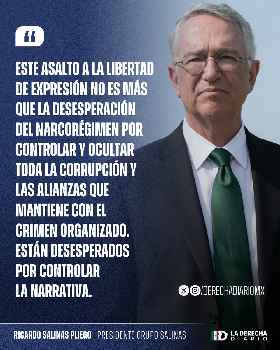 DerechaDiarioMX's tweet photo. 🚨🇲🇽 | CONTUNDENTE: @RicardoBSalinas arremetió contra la Ley de Audiencias de Sheinbaum: 

"Este asalto a la libertad de expresión no es más que la desesperación del narcorégimen por controlar y ocultar toda la corrupción y las alianzas que mantiene con el crimen organizado. Están desesperados por controlar la narrativa".
