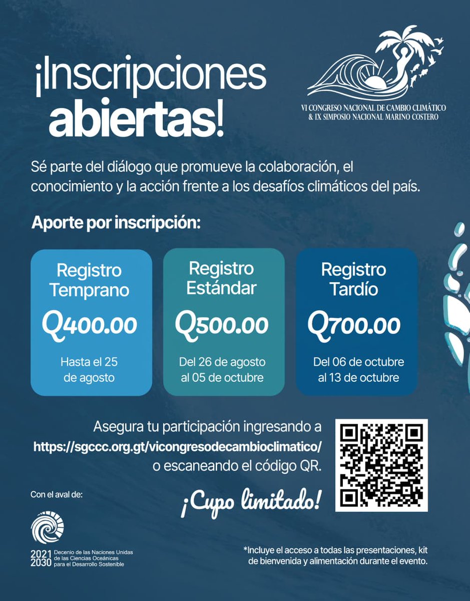 AlianzaMC_GT's tweet photo. ¡Las inscripciones ya están abiertas! 🌊🌎
¡El Cupo es limitado!
🔗 Inscríbete hoy en: https://t.co/8Vm5FQZXdi
#CNCC2026 #CambioClimático #SociedadesCosteras #SGCCC #UnidosXNuestrosOceanos https://t.co/sfvmbkqlXv