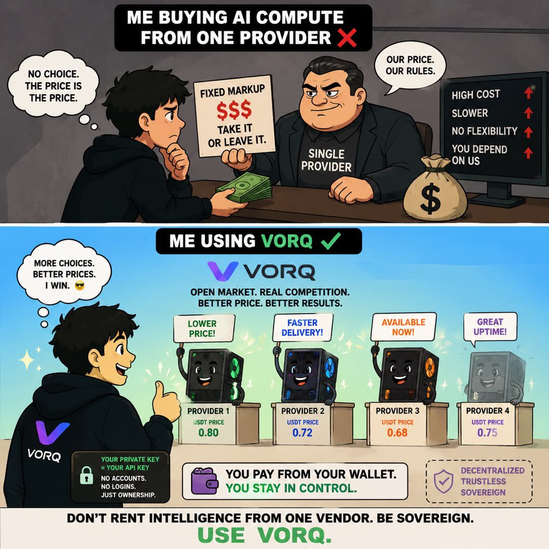 3Richiee's tweet photo. When one provider controls the market:

🧑: “How much?”
🤵: “Whatever we say.”

When providers compete on VORQ:

🖥️ Provider 1: “I can do it cheaper.”
🖥️ Provider 2: “I can do it faster.”
🖥️ Provider 3: “I can do both.”

That’s the power of an open marketplace.

@vorq_ai #VORQ https://t.co/fieb4o6zpY