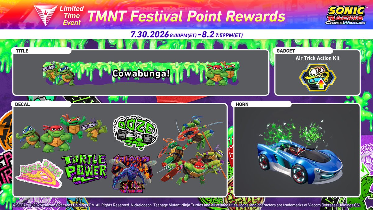 RaceCrossWorlds's tweet photo. The limited-time "Teenage Mutant Ninja Turtles Festival" starts tomorrow.

Earn Festival Points and unlock exclusve collab items, including the "Cowabunga!" title. https://t.co/ATDpAXNtqh