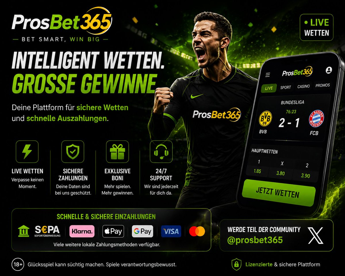 viralysapp's tweet photo. Intelligent wetten. Mehr erleben. ⚡⚽

Mit ProsBet365 bist du bereit für die größten Sportmomente:

🔥 Live-Wetten in Echtzeit
🔒 Sichere Zahlungen
🎁 Exklusive Boni
⚡ Schnelle Einzahlungen mit lokalen Zahlungsmethoden wie SEPA

Erlebe eine moderne Wettplattform und werde https://t.co/bv3TY3BjP9