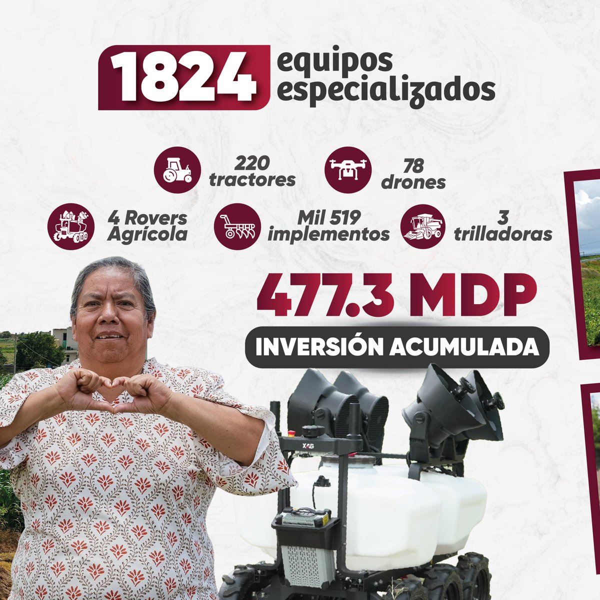 SDRGobPue's tweet photo. 🚜🌱 El campo se transforma con seguridad. Las y los productores cuentan con 1,824 equipos para las 31 microrregiones.

Gracias a la visión del gobernador @armentapuebla_, la tecnología y la maquinaria llegan al campo para fortalecer la producción.

#PorAmorAPuebla https://t.co/IGLZtXZ1mv