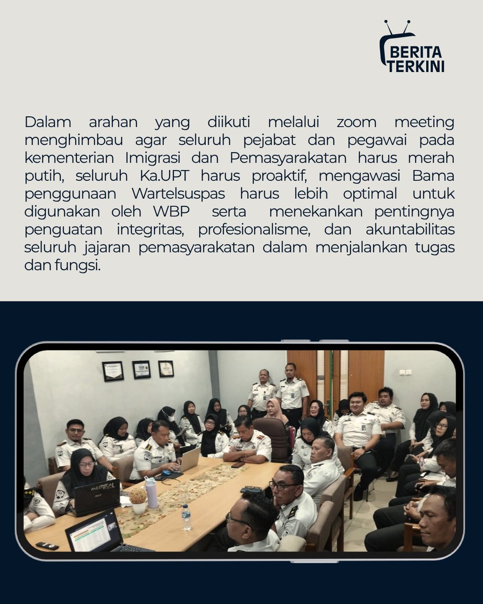 bapastangerang's tweet photo. Rabu, 29 Juli 2026 pukul 13.00 WIB s/d selesai selurug pegawai pada Balai Pemasyarakatan Kelas I Tangerang mengikuti Pengarahan Direktur Jenderal Pemasyarakatan. 

Selengkapnya di IG :
https://t.co/uhKr9z5Hlx https://t.co/2krJi3dG2Y