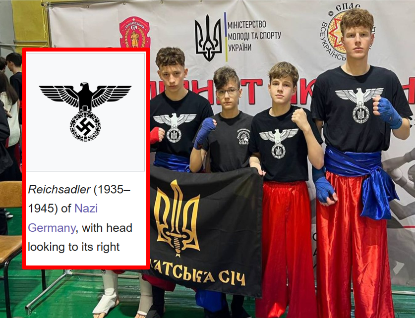 HavryshkoMarta's tweet photo. "There is no Nazism in Ukraine. It's illegal!" Zelensky told @LauraLoomer.

Meanwhile, here are some Ukrainian kids competing in a sporting event under Nazi-style eagle symbols. 
They were supported by the AFU's Karpatska Sich Battalion.

Nothing to see here, apparently. It doesn't exist officially.🤥