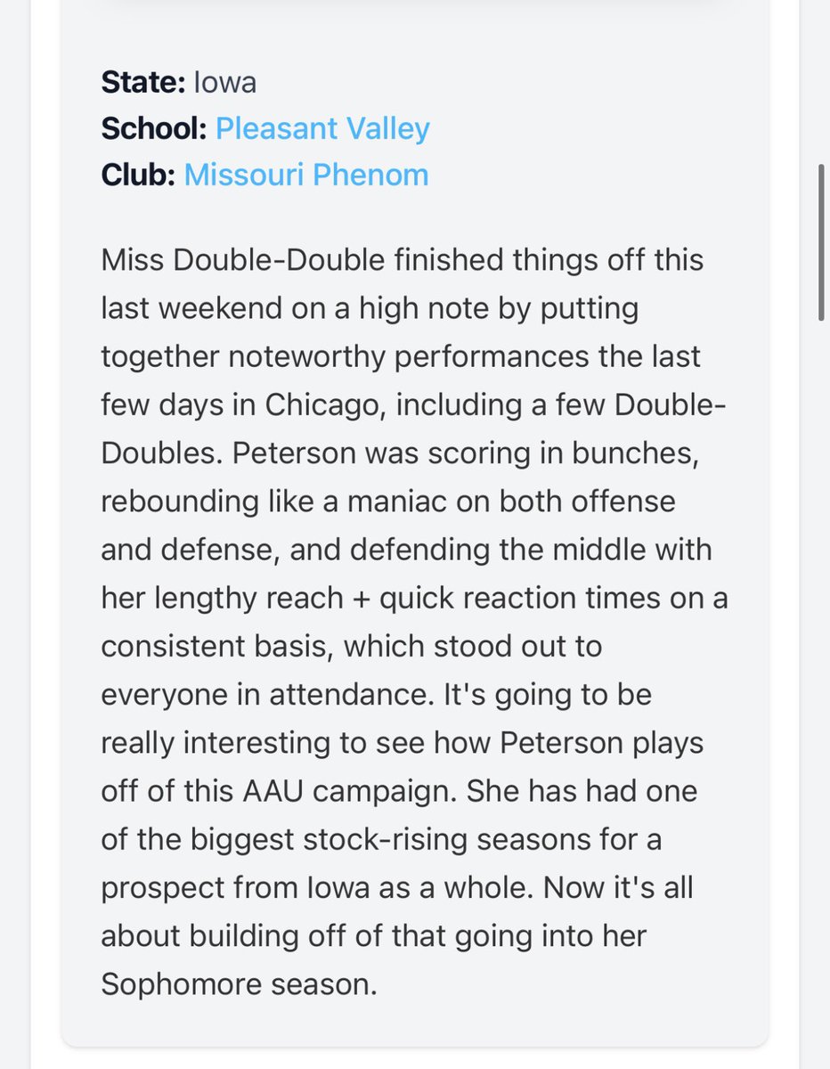 JenniferRMeyer's tweet photo. @paetynpeterson was the double double queen this AAU season. Thanks for another great write up @PGHBrooks @MoPhenomIOWA @MissouriPhenom @Aaron_J_Meyer @Nate_Levin_11 @PVGBB @greglogs https://t.co/JX8BqdtDNc