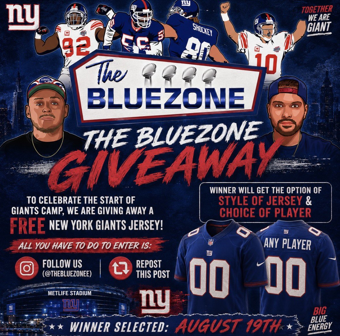 TheBlueZonee's tweet photo. 🚨THE BLUEZONE GIVEAWAY 🚨 

To celebrate the start of training camp we will be giving away a FREE New York Giants jersey to one lucky fan!

How to qualify for the giveaway ⬇️
➡️ 𝗥𝗲𝗽𝗼𝘀𝘁 𝘁𝗵𝗶𝘀 𝗽𝗼𝘀𝘁 &amp; 𝗙𝗼𝗹𝗹𝗼𝘄 𝘂𝘀!

• Winner picked August 19th
#BigBlue https://t.co/HoL79trmip
