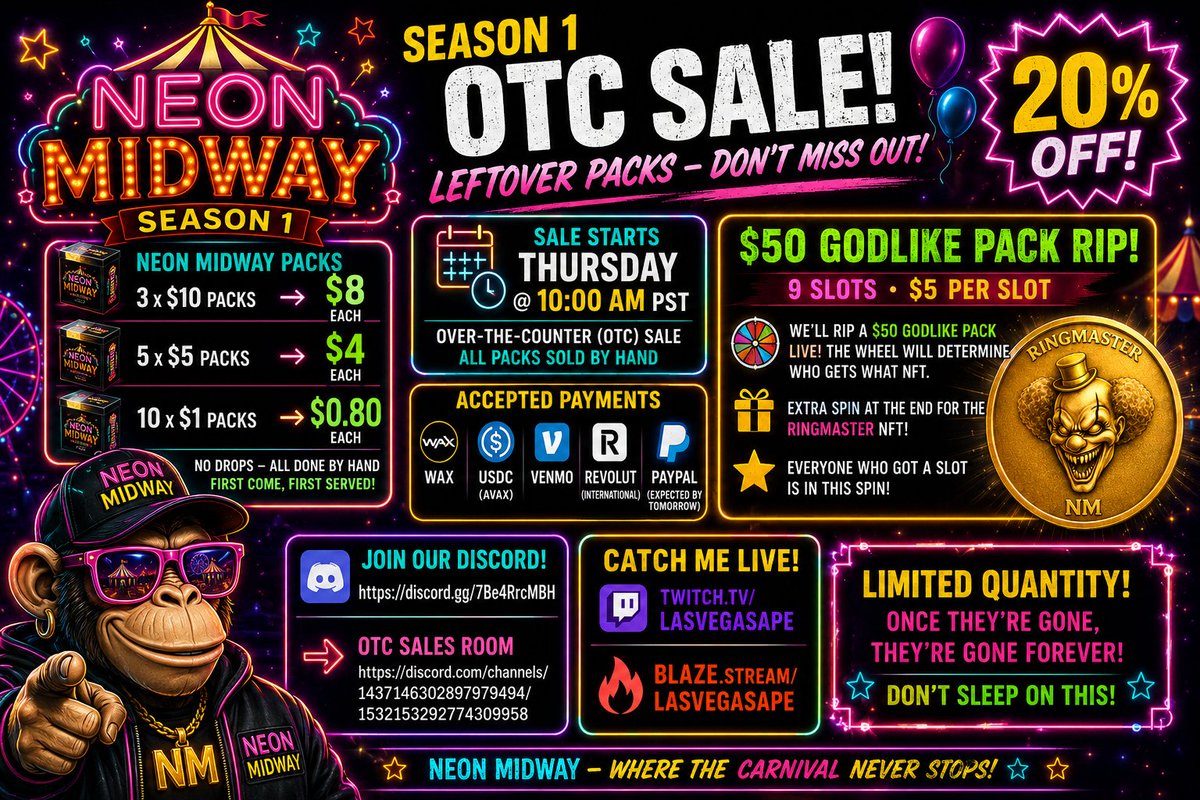 LasVegasApe702's tweet photo. 🚨🎪 NEON MIDWAY SEASON 1 OTC SALE IS HERE! 🎪🚨

🔥 20% OFF ALL REMAINING SEASON 1 PACKS! 🔥

🎟️ Neon Midway Packs

🎁 3 × $10 Packs ➜ $8 each
🎁 7 × $3 Packs ➜ $2.40 each
🎁 5 × $5 Packs ➜ $4 each
🎁 10 × $1 Packs ➜ $0.80 each
⚠️ No random drops.
🤝 Every pack is sold and delivered by hand.
⏰ First Come • First Served
📅 Sale Starts: Thursday @ 10:00 AM PST
💰 Accepted Payments
✅ WAX
✅ USDC (AVAX)
✅ Venmo
✅ Revolut (International)
⏳ PayPal expected to be available tomorrow.

🎡 $50 GODLIKE PACK RIP 🎡
🎟️ 9 Slots • $5 Per Slot
We'll rip a $50 Godlike Pack LIVE!

🎲 The prize wheel decides who gets each NFT.

🎁 BONUS FINAL SPIN!
Everyone who purchases a slot is entered into one final wheel spin for a chance to win the 🔥 Ringmaster NFT 🔥
🎪 HOW TO BUY
💬 Join our Discord
https://t.co/vW1RQYo3XM
🛒 OTC Sales Room
https://t.co/rKBL3mzdFd
📺 Catch me LIVE during the drop
🟣 Twitch: https://t.co/YJWlf0KS3Q
🔥 Blaze: https://t.co/HKcgQVJBmH
🚨 Once these Season 1 packs are gone, they're gone forever. This is your final chance to grab a piece of Season 1!

#NeonMidway #NFT #WAX #AVAX #Web3Gaming #CryptoGaming #Twitch #Blaze