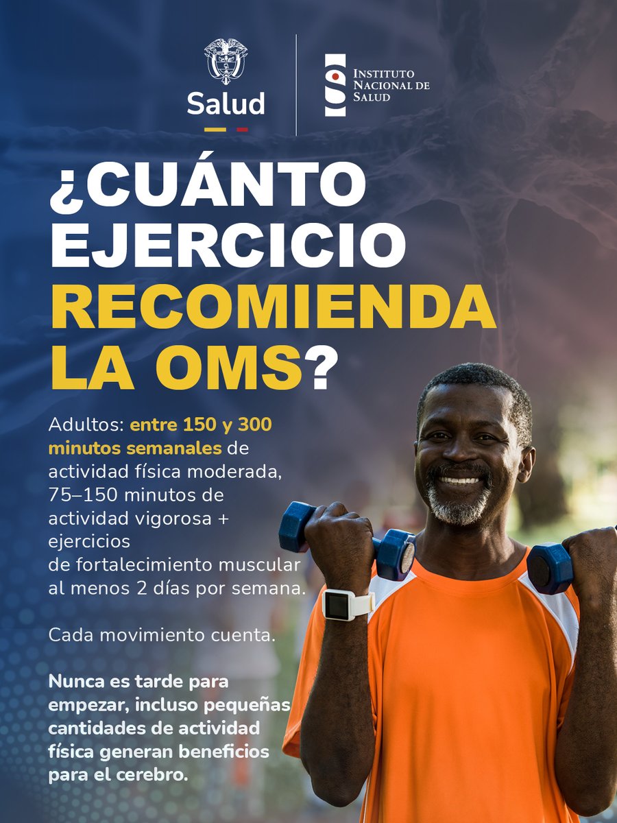INSColombia's tweet photo. 🧠💪 Mover el cuerpo también fortalece el cerebro. La actividad física mejora la memoria, favorece el aprendizaje, protege la salud cerebral y contribuye al bienestar emocional. 

Cada movimiento cuenta. 🏋️🚴‍♂️

#SaludCerebral #ActividadFísica #Prevención #INSColombia https://t.co/GWlAVDIJk3