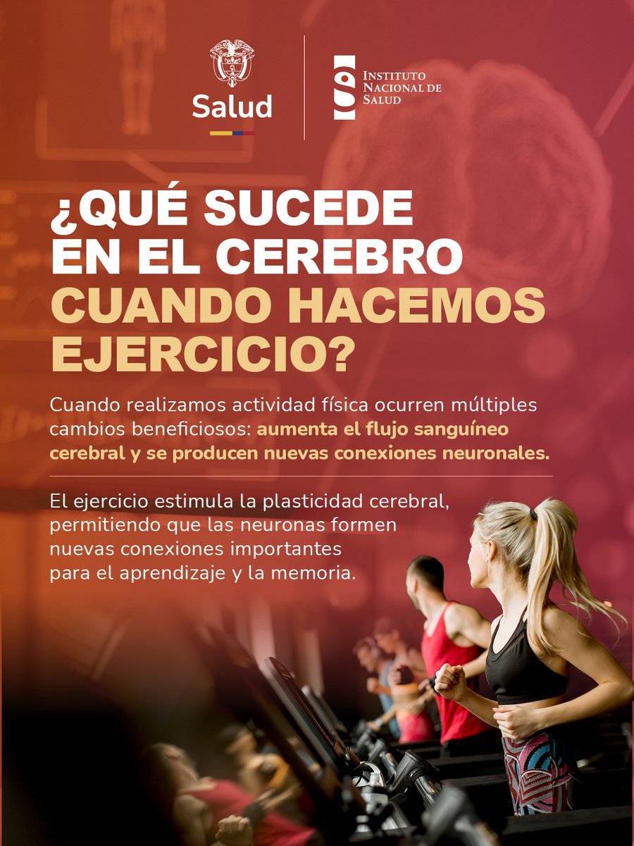 INSColombia's tweet photo. 🧠💪 Mover el cuerpo también fortalece el cerebro. La actividad física mejora la memoria, favorece el aprendizaje, protege la salud cerebral y contribuye al bienestar emocional. 

Cada movimiento cuenta. 🏋️🚴‍♂️

#SaludCerebral #ActividadFísica #Prevención #INSColombia https://t.co/GWlAVDIJk3
