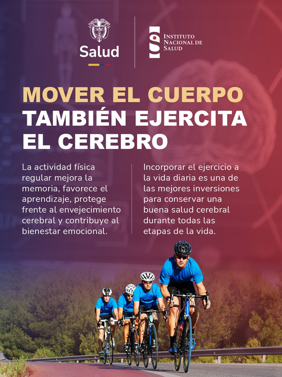 INSColombia's tweet photo. 🧠💪 Mover el cuerpo también fortalece el cerebro. La actividad física mejora la memoria, favorece el aprendizaje, protege la salud cerebral y contribuye al bienestar emocional. 

Cada movimiento cuenta. 🏋️🚴‍♂️

#SaludCerebral #ActividadFísica #Prevención #INSColombia https://t.co/GWlAVDIJk3