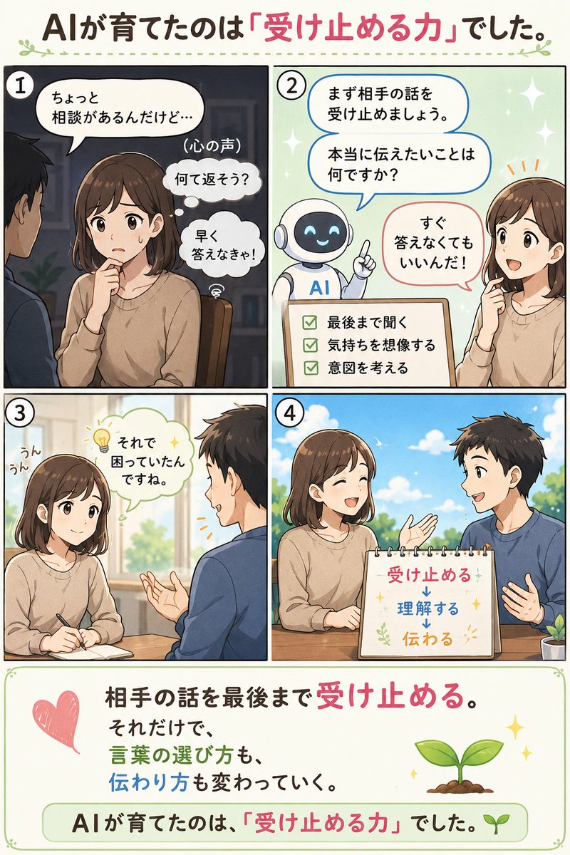 mfparallel's tweet photo. AIと話すようになって、変わったことがあります。

それは、「すぐに答えを返さなくなった」こと。

以前は、
「何て返そう？」
と考えることが多かったのですが、

AIとの対話では、まず質問の意図を考えるようになりました。

「この人は何を知りたいんだろう？」
「本当に困っていることは何だろう？」

そう考えるクセがつくと、
会話でも、仕事でも、SNSでも、
相手の言葉を一度受け止めてから話せるようになりました。

伝える力は大切。

でも、その前に必要なのは、
相手の言葉を受け止める力なのかもしれません。

AIは答えを返す存在ではなく、
人の話を丁寧に受け止める習慣を育ててくれるパートナー。

AIが育てたのは、「受け止める力」でした😊🌱