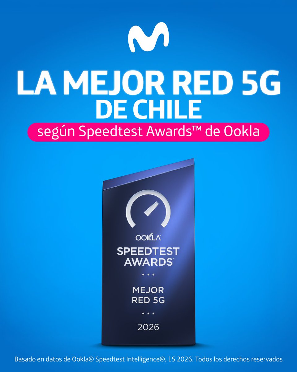 MovistarChile's tweet photo. Un reconocimiento que nos impulsa a seguir conectando Chile. 📲
Fuimos reconocidos como la Mejor Red 5G de Chile, según Speedtest Awards de Ookla. 🌐

¡Seguimos avanzando para construir un Chile más conectado! 🩵 https://t.co/eieEFfguej