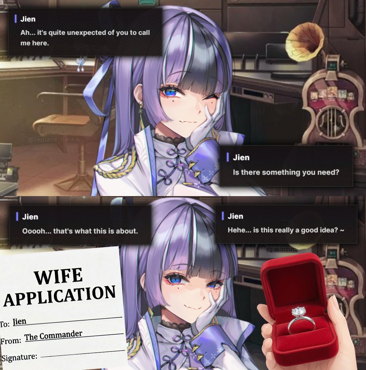 laplace_birdie's tweet photo. getting married to jien? 
is this a good idea, commander? https://t.co/8icQFo6ofB