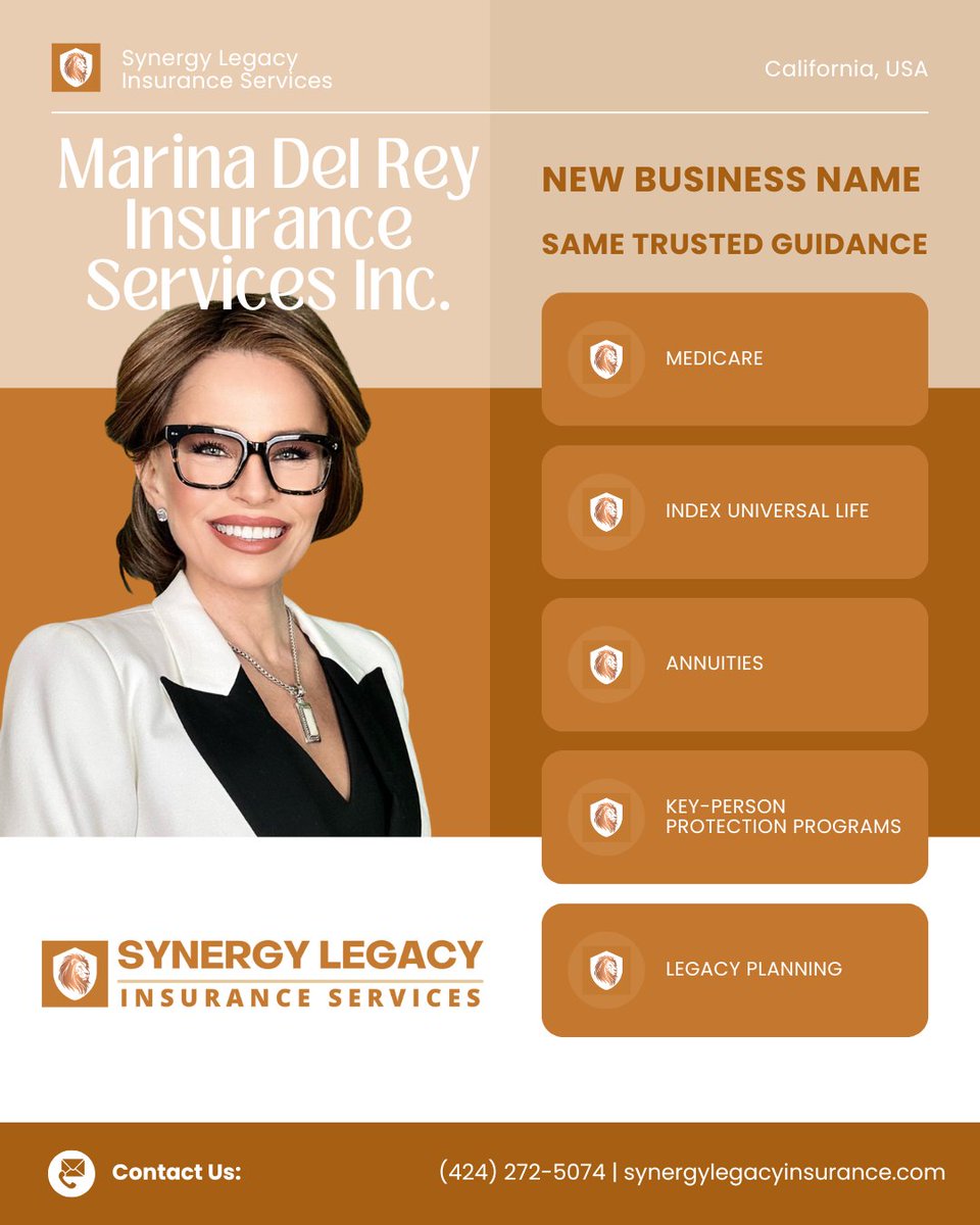 MarianHansen_'s tweet photo. We Have a New Name!

Marina Del Rey Insurance Services Inc. is proud to continue operating under our new business name:

Synergy Legacy Insurance Services

📍 California &amp; Select States
🌐 https://t.co/URNKXTfYY1

#SynergyLegacyInsuranceServices #Medicare #MarinaDelReyInsurance https://t.co/IU3UCtJXh3