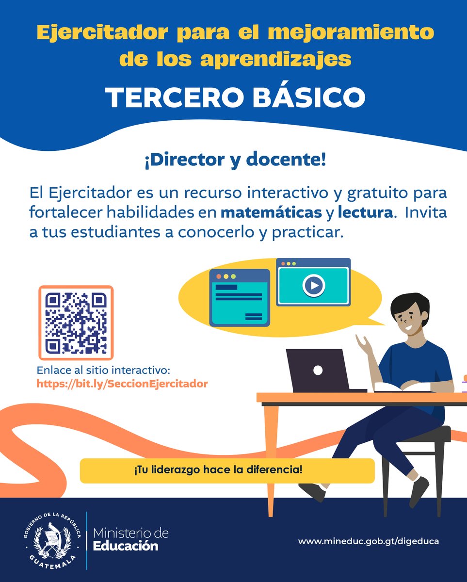 MineducGT's tweet photo. ¡Director y docente de tercero básico!
El Ejercitador es tu aliado para fortalecer los aprendizajes en matemáticas y lectura. Es interactivo, gratuito y de fácil acceso. Solo debes indicarles a tus estudiantes qué ejercicios realizar.
👉 https://t.co/sruRIEPIb2
¡Tu liderazgo hace la diferencia!