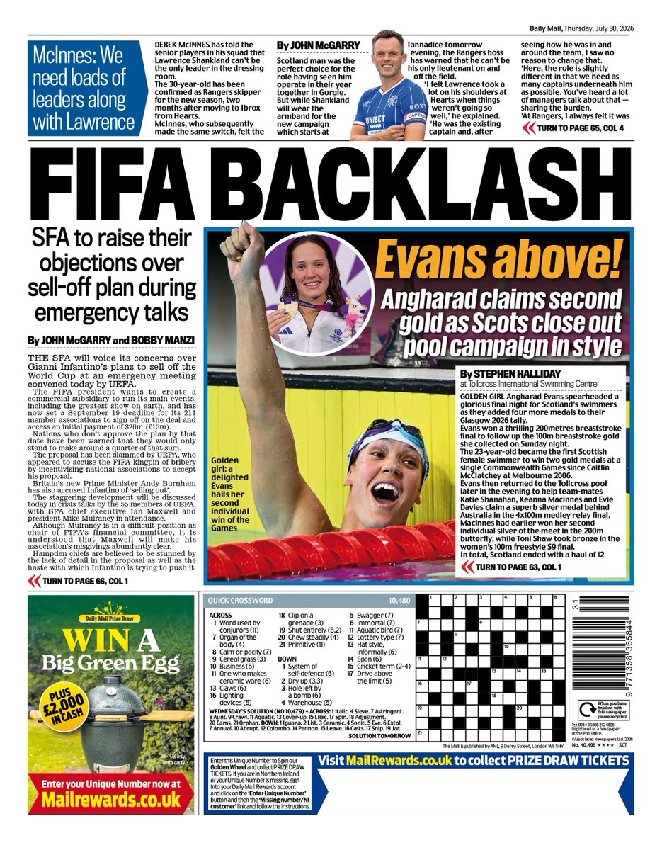 MailOnlineScot's tweet photo. 🗞️ Thursday's Scottish Daily Mail back page: FIFA BACKLASH - SFA to raise their objections over sell-off plan during emergency talks
#TomorrowsPapersToday #scotpapers
👉 Read more on #MailOnline https://t.co/BlmCcW7Fs3 https://t.co/NYMLhuG7tz
