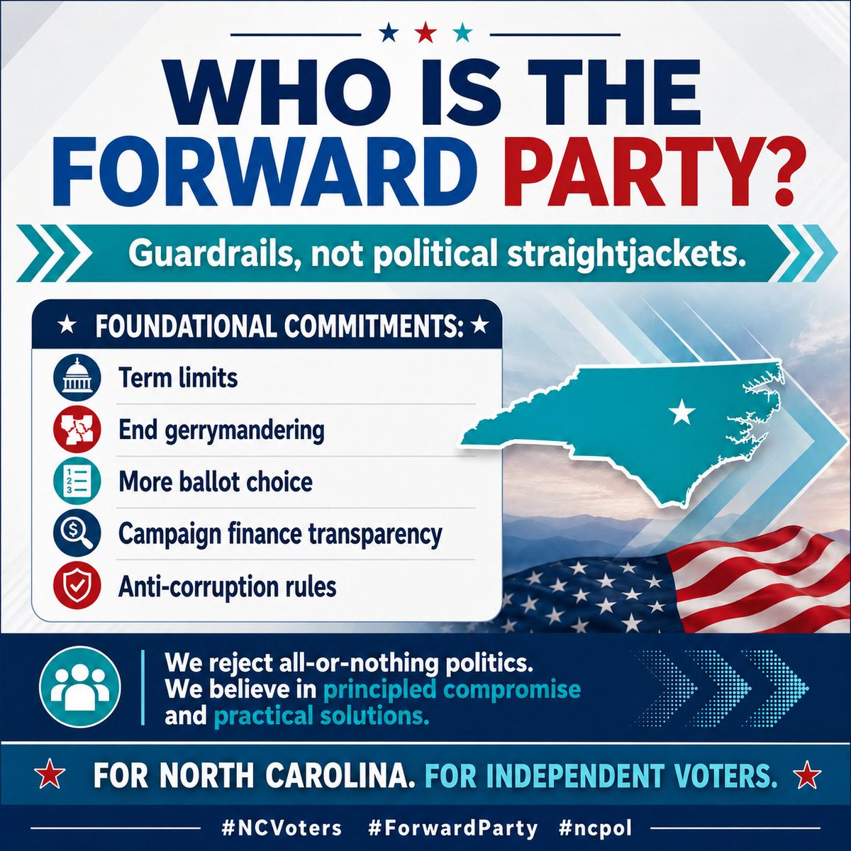 ForwardPartyNC's tweet photo. North Carolina needs more choices and more problem-solvers.

Join our virtual Town Hall on Aug. 6 at 7 PM for updates on ballot access, our anti-gerrymandering project, Congressman Don Davis and NC-01, and independent candidate April Montgomery’s campaign.

Sign up: https://t.co/am6RJ60hQm