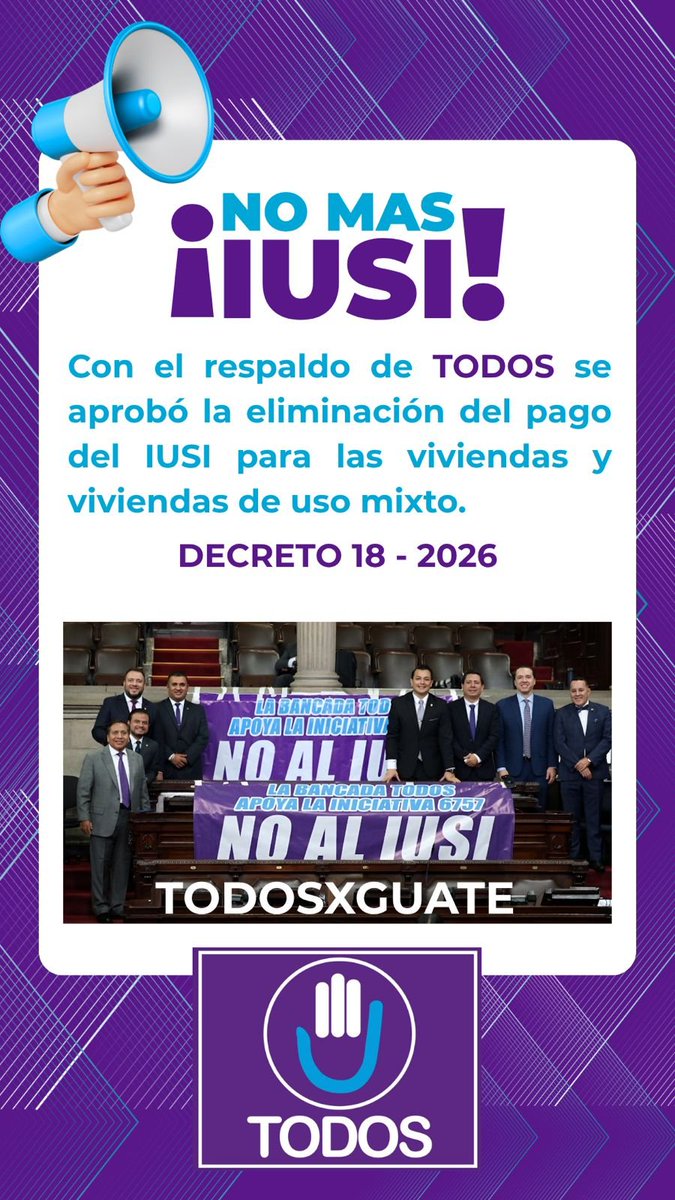 BancadaTODOS's tweet photo. Se logró! No más IUSI #TODOSXGUATE https://t.co/GESWOAWBEa