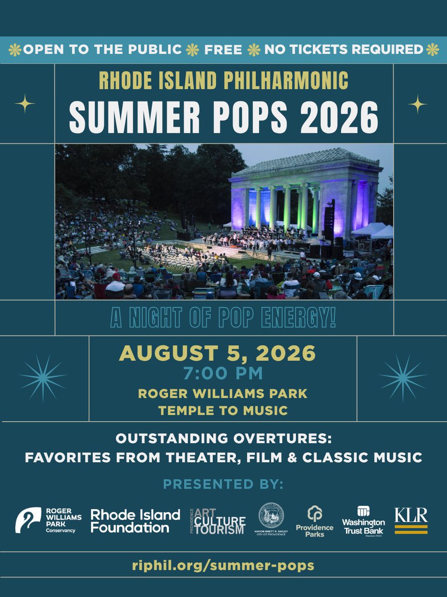 PVDMayor's tweet photo. We are officially one week away from the City's annual Pops in the Park by the Rhode Island Philharmonic, happening on Wednesday, August 5 at 7 pm at the Roger Williams Park Temple to Music. 🎶

This year's event will feature outstanding overtures - favorites from theater, film and classical music. The Rhode Island Foundation is the presenting sponsor of this free event which is open to the public with food trucks on-site.

In the event of inclement weather, the event will be held on August 6. For more information: https://t.co/JvSTPTkstR