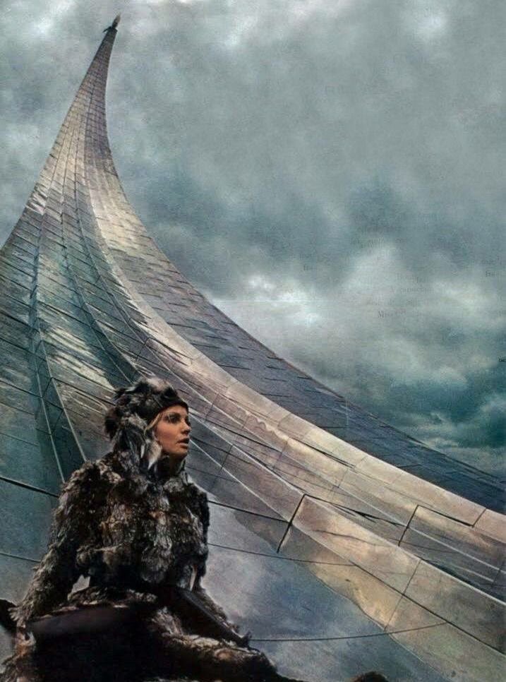 xe0_xeo's tweet photo. Soviet fashion model Galina Milovskaya posing at the Monument to the Conquerors of Space in Moscow during a 1969 photoshoot for Vogue Paris https://t.co/GK3T2C9sN5