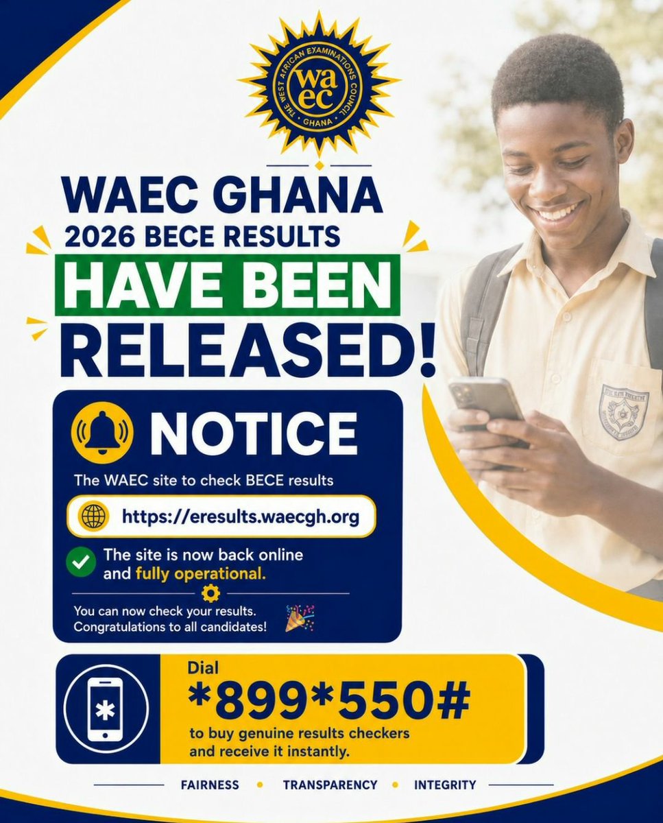 GES_Hub's tweet photo. Dial *899*550# to buy your 2026 BECE Results Checker now! https://t.co/F740AlsIvi