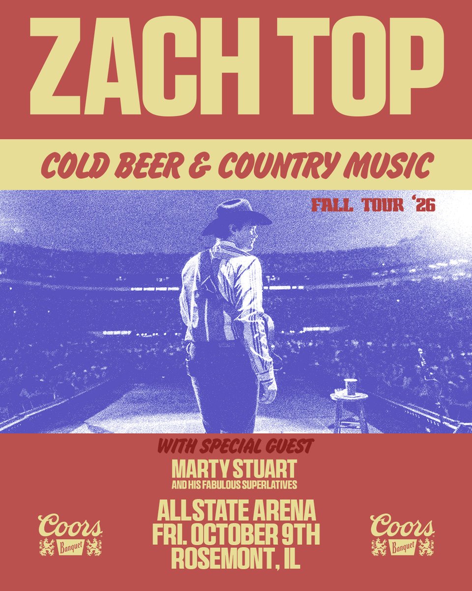 AllstateArena's tweet photo. 🍻🤠 Zach Top brings the Cold Beer &amp; Country Music Tour 2026 to Allstate Arena on October 9! Get ready for a night of boots, brews &amp; real country vibes. 🎶 https://t.co/SHcP2ZzCIi
