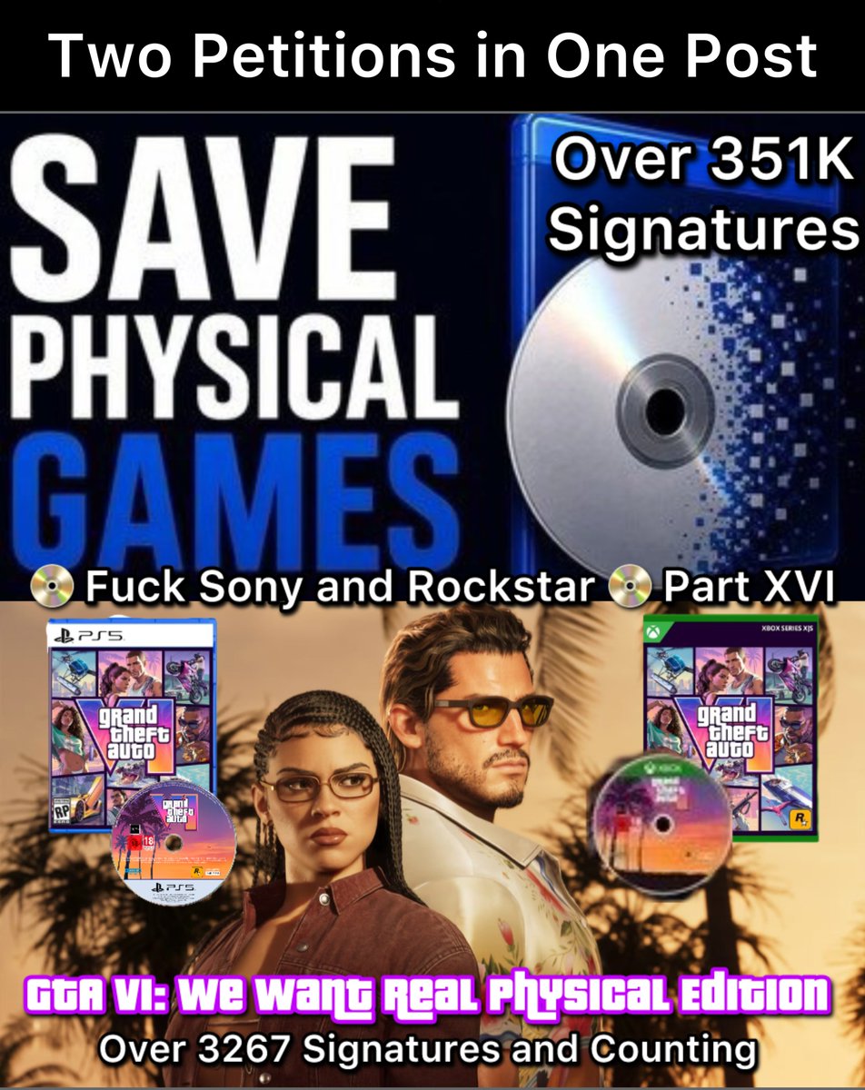 AlmightyOrylPon's tweet photo. 📀FUCK SONY & ROCKSTAR PART XVI📀
Day 29-30
Milestone Reached
#HoldTheLine #SavePhysicalGames
#SupportPhysicalMedia #GTA6  #NoDiscNoBuy #FuckSony #FuckRockstarGames #PhysicalForever
#PSBlackout 

Don’t forget to Support each other:

Save Physical Games Petition
(Over 351K Signatures)
👉 https://t.co/itJxAPimyx

GTA 6 Physical Disc Petition
(Over 3,267 Signatures and Counting)
👉 https://t.co/HTvtzR4SrH