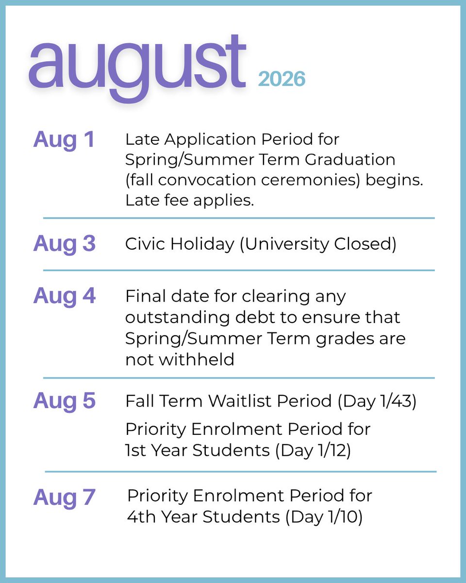 THEMTorontoMet's tweet photo. August is here and we are getting ready to welcome back our students to the 2026 - 2027 Academic Year! 
Please save the important dates coming up, and keep checking your emails and D2L Announcements for  important reminders throughout this month. https://t.co/Ax1uGinNPm