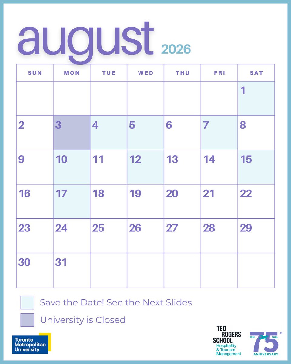 THEMTorontoMet's tweet photo. August is here and we are getting ready to welcome back our students to the 2026 - 2027 Academic Year! 
Please save the important dates coming up, and keep checking your emails and D2L Announcements for  important reminders throughout this month. https://t.co/Ax1uGinNPm