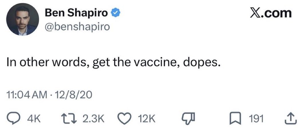 BigotALT1's tweet photo. @benshapiro You told everyone to get the vaccine, retard. 

You were Anthony Fauci's useful idiot. https://t.co/HLmo8BcWpI