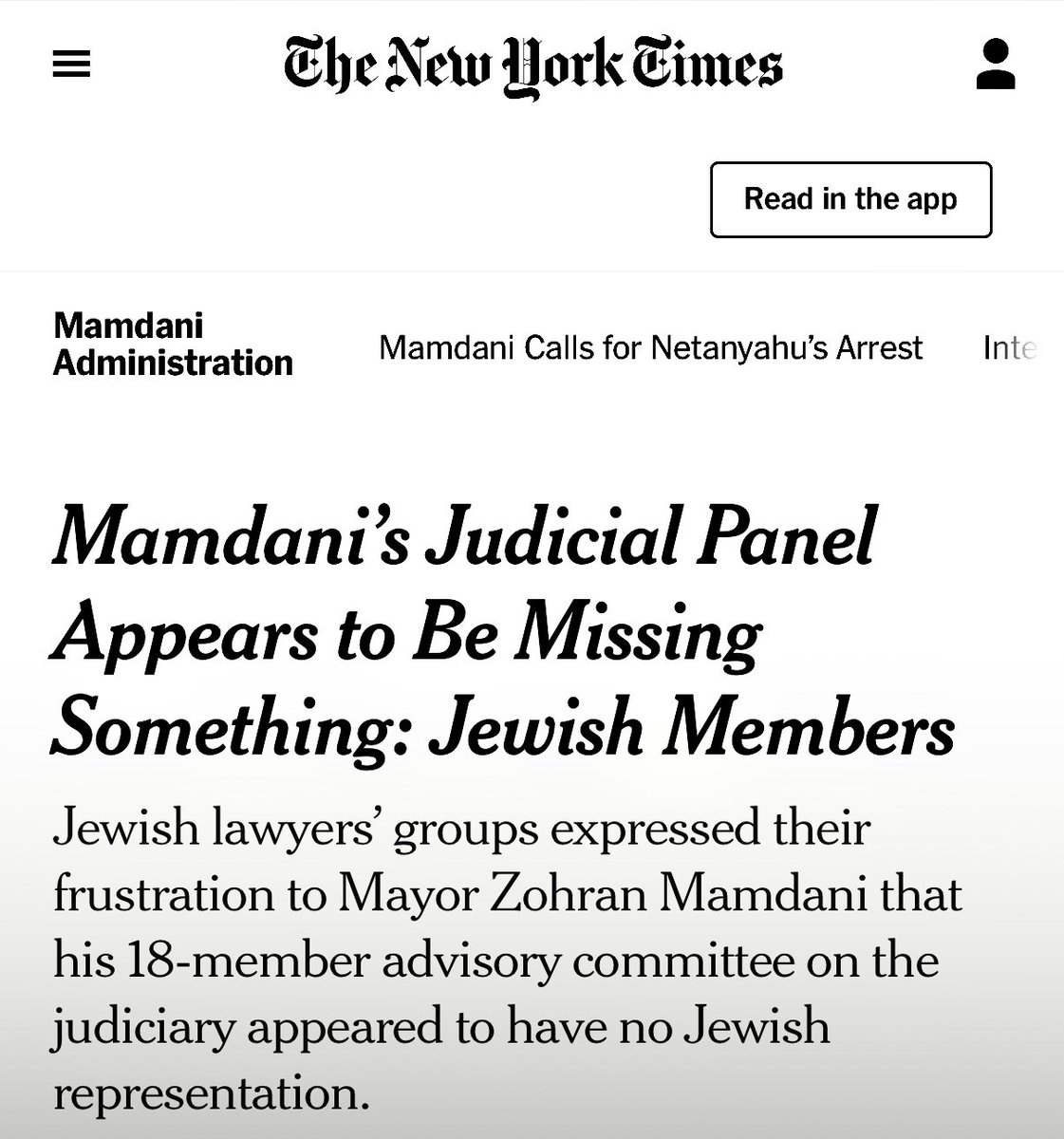 Elialbrecht's tweet photo. When I was a lawyer at Gibson Dunn in D.C., we took our summer associates to the U.S. Holocaust Memorial Museum. A survivor spoke to us and said something that stuck with me: 

Lawyers need to know the holocaust did not begin with camps. It began when Jews were removed from institutions - above all, legal institutions. Judges stripped of their robes. Lawyers disbarred. Then, when law-groups were Judenrein, they codified laws that made discrimination systematic and "legal."

First, you remove the Jews from the institutions. Then, Jews can be discriminated against without representation.

On Monday, Mayor Mamdani announced his 18-member Advisory Committee on the Judiciary. The Committee was promised to be "truly reflective of New York City." 

Not one of the 18 is Jewish. 

Not one Jewish attorney, former judge, or law professor - in a city where one in eight residents is Jewish and even Justice John Leventhal, recommended by the State's Chief Judge, was rejected. 

It is estimated that over 50% of the New York bar is Jewish. That means there is a 0.0004% chance of no Jews being selected to the Committee. 

Mamdani’s marginalization of Jews has been ongoing, and few voices on the Left have spoken up. 

On Day 1, Mamdani revoked the IHRA antisemitism definition (top priority); he changed the NYPD guidance protecting houses of worship, eliminated Jews from the City's immigrant-heritage map, called for the arrest of the prime minister of the only Jewish state, and now created a Judenrein Judiciary Committee.

My grandmother, Leah, survived Nazi Germany. Before the laws, before the violence, she told me how she was pushed out of her high school groups. Then, once excluded from all activities, she was bullied and marginalized.

We are already seeing Step 2 in NYC. Two weeks ago, on a Jewish Holiday, two men were stabbed outside Upper West Side synagogues - one wearing a kippah- and yesterday, Jewish students were attacked. Every 26 hours, there is a hate crime against Jews in NYC.

In NYC, there is a concerted effort to disappear Jews from public life and leadership. 

No one on the Left is speaking out. If this discrimination was happening to any other group, the chorus would be deafening.

To be clear, Jews will find a way. Many are already taking their talents elsewhere. When white-shoe firms shut Jewish lawyers out, they built firms that now dominate. Cardozo, Louis Marshall, and Ruth Bader Ginsburg all found a way despite discrimination. 

But NYC will be worse off without us. A city government that is judenrein - cleansed of Jews – does not just hurt the Jews, but hurts the city. 

The tragedy is not just that Jews were left out of the institutions. It is that the institutions were left without the Jews.

If you see this and have not yet spoken out, I encourage you to do so.