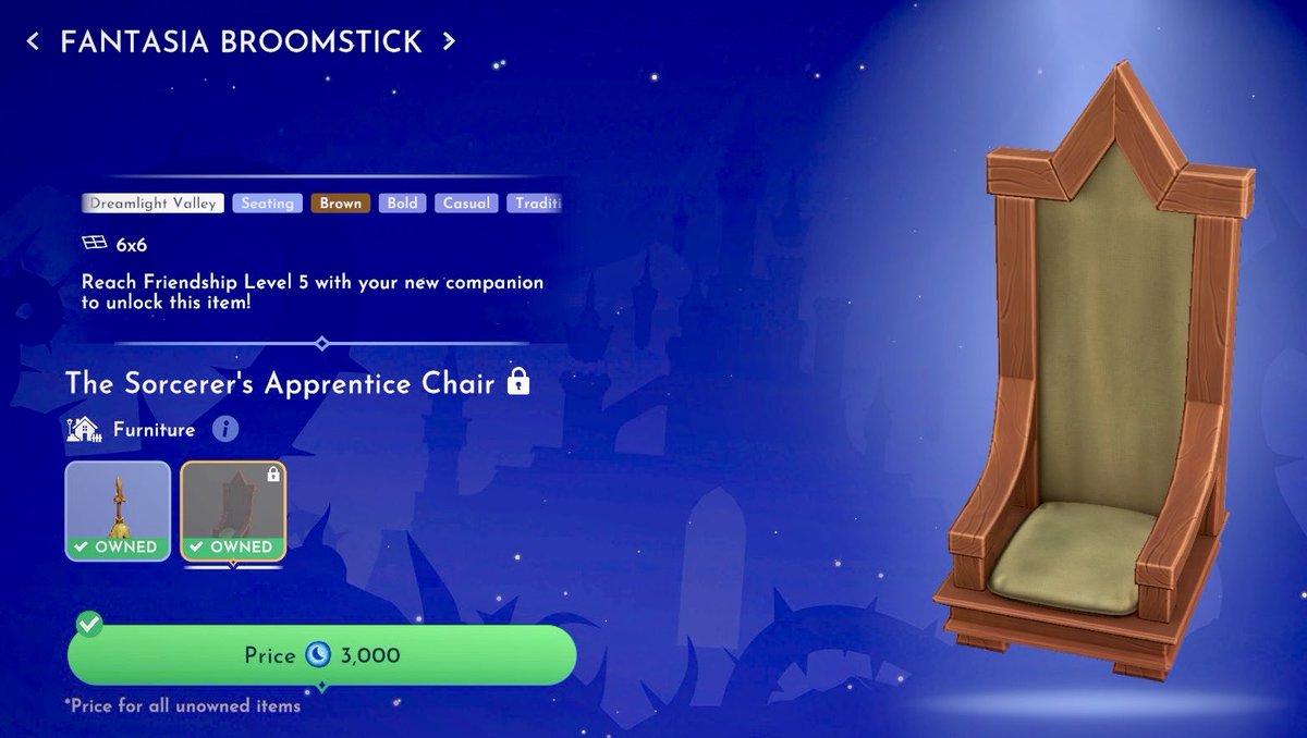 ComftyChaos's tweet photo. You’re going to want to level up your broomstick to friendship level 5, instead of a chest to open, we get…(drum roll) 🥁 

The Sorcerer’s Apprentice Chair! ✨🙌🏼✨
This item is legit! 🤩 
(and yes, we CAN buy more at Scrooge’s!) 🛍️ 

#DDLV #DDV #DLV #DisneyDreamlightValley https://t.co/1Pdh5i9m16