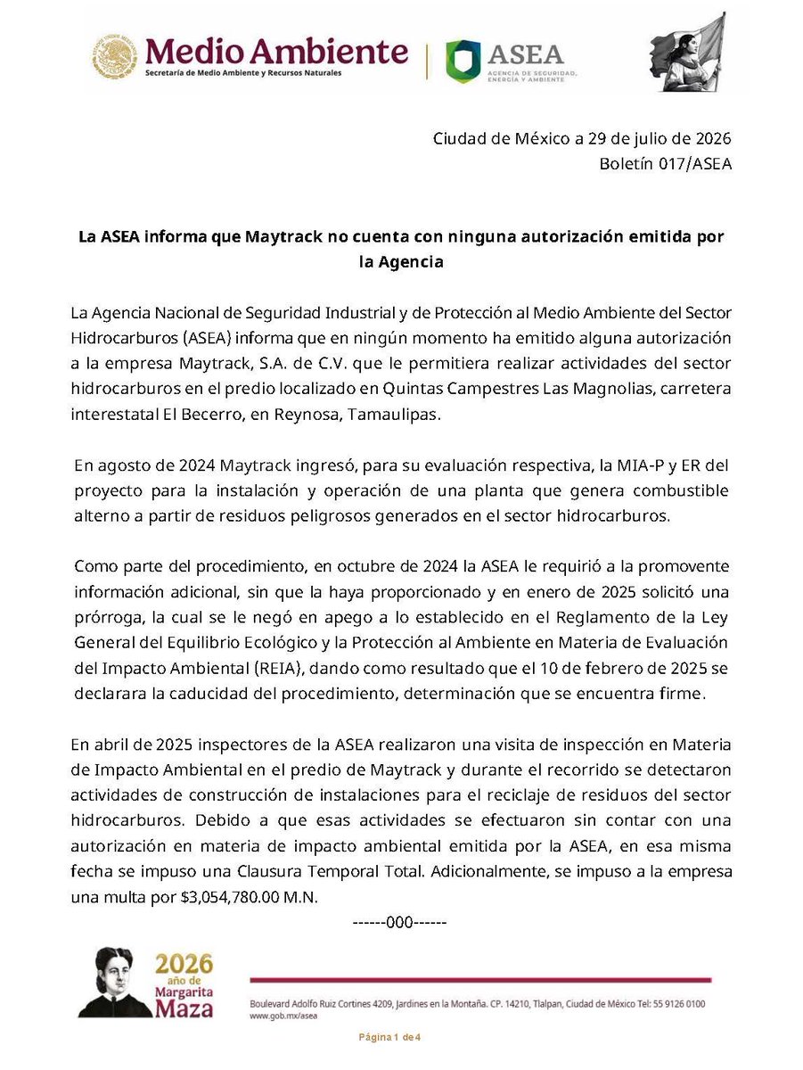agencia_asea's tweet photo. 📰#Entérate: La empresa Maytrack, S.A. de C.V. no cuenta con ninguna autorización emitida por la #ASEA que le permitiera realizar actividades del sector hidrocarburos en el predio localizado en Quintas Campestres Las Magnolias, carretera interestatal El Becerro, en Reynosa, Tamaulipas.
Te contamos los detalles en nuestro #BoletínASEA: https://t.co/Jln5tf33Pw