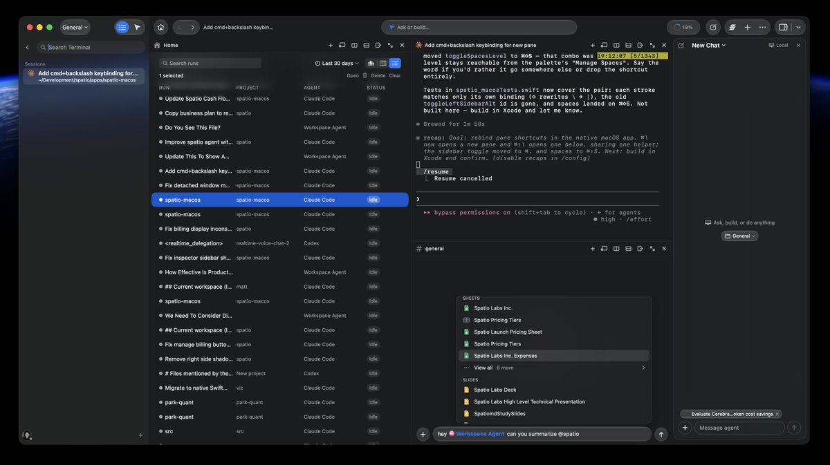 mattpark's tweet photo. Spatio (https://t.co/OfBs0x5Wyf) is officially in public beta.

> A native macOS workspace where you, your team, and your agents work in the same place

> Agents are first-class participants, not a chat window off to the side. They see what you see.

> Split by speed. "Summarize this thread." "Rename these 40 files by what's in them." A frontier agent harness spends minutes on those. Spatio agent harness runs on Cerebras at 1000 to 2000 tok/s, so they come back before you've finished reading your own prompt.

> Quality where it counts. Anything that needs real editing hands off to your existing Claude Code or Codex sub.

> Connect your tools once. Anything with an API goes through our provider interface. For the things without one, we embedded Chromium directly, a real browser engine rather than a lazy web view, so agents can work anywhere you can reach in a browser without sacrifices.

> One MCP, not a dozen. All of it is exposed through SpatioMCP and queryable from any client: Claude Code, Codex, Cursor, or Spatio Desktop.

> It compounds. Everything you and your agents produce persists to your own workspace backend, so last month's decisions are today's context.

https://t.co/OfBs0x5Wyf