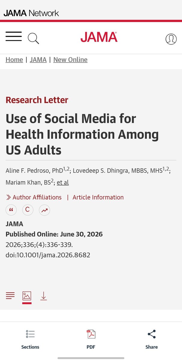 XainzaP's tweet photo. 🔵 77.7% of people do not trust health information on social media; however, more than 21% make medical decisions based on this content. This JAMA study highlights the gap between reported distrust and actual user behavior, underscoring the risks of online medical information. 👇 https://t.co/u5oVWiVe8T