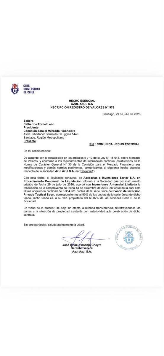 TPRIETORADIO's tweet photo. SE FUE CLARK DE AZUL AZUL
ahora dejó de ser accionista
Su control hasta hoy ejercido por Cecilia Pérez llega su fin
El Liquidador de la CMF tiene ahora el mando al retrotraerse la compra del 63 % de la sociedad
Otra vez un LIQUIDADOR en el poder en la U
@Cooperativa #VamosLaU https://t.co/UzDDiXUVmp