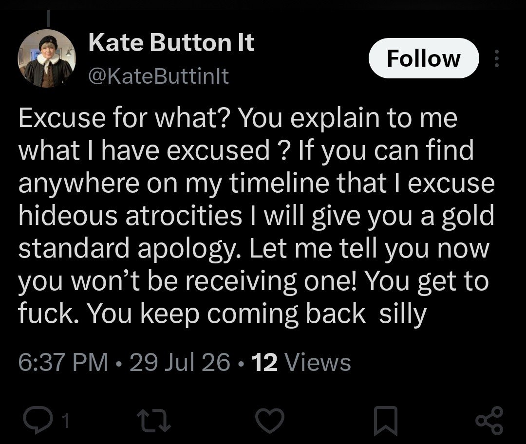 WasYa475's tweet photo. "u say genocide,I say war"  defending these lyrics, #KateButtonIt is excusing the normalization of atrocities
"u GTF u keep coming back silly"What happened to"capacity 4 independent, critical thought" &amp; her "worldview shaped by reasoning" @BoyGeorge 
@OtherBoyIsBack  #BoyGeorge https://t.co/rvwB3QRAIE