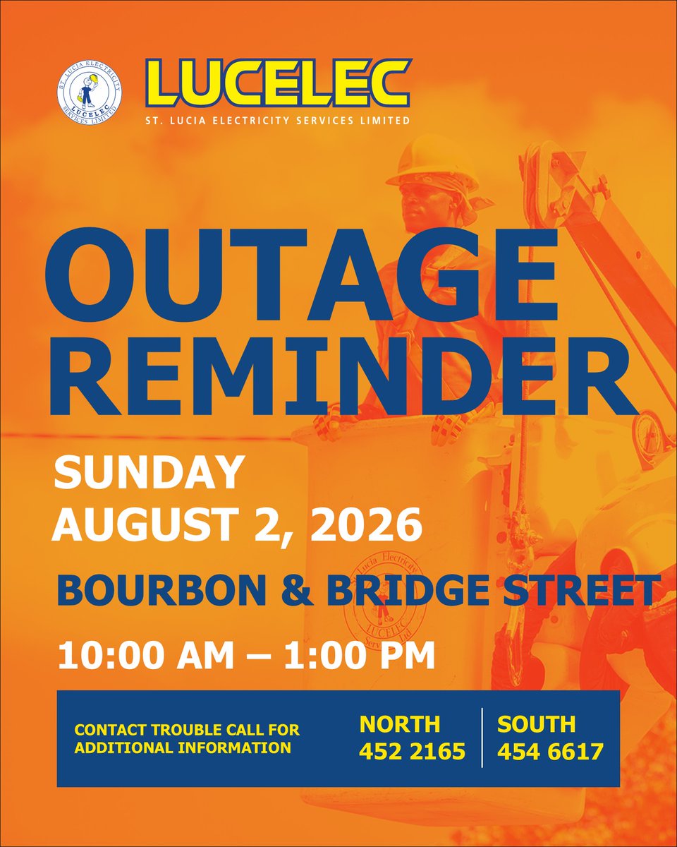 powerofcaring's tweet photo. OUTAGES REMINDER: Sunday, August 02 from 10-1 p.m. at Reduit affecting Reduit Park, Reduit Orchid, Mongiraud, a portion of Rodney Bay including Major Customers: Reduit Rubis Station, FLOW, Nagico Insurance, West Tech, El's Sanctuary, Touch Therapies, Home Light, Karlione Court, FLEVA, Sagicor, Ultra Med Health Service, Richcrew Trini Food, Mardini Building, Battery World Plus, Rodney Bay Dental Clinic, Pediatric  Services and NFS Caribbean.

AND from 10-1 p.m. affecting Bourbon Street and a section of Micoud Street including Major Customers: Blue Coral Mall, Hobbie, Central Library, St. Lucia Worker's Credit Union, West Indies General, Johnson's Hardware and 1st National Bank.

These interruptions of service are necessary to allow #LUCELEC to undertake pole and line maintenance.

LUCELEC regrets any inconvenience to our customers.
