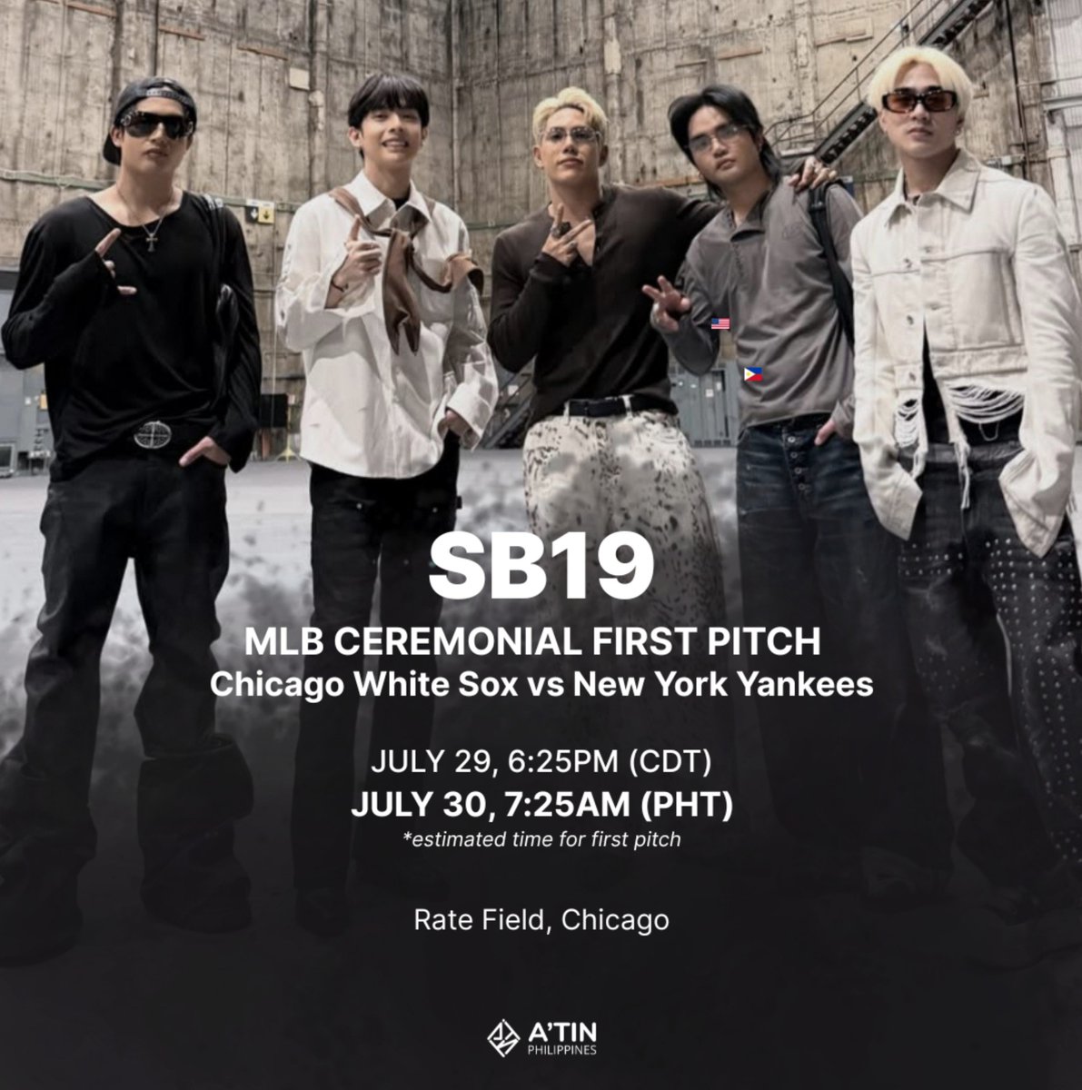 SB19_ATINph's tweet photo. SB19 will throw the ceremonial first pitch at the White Sox game today before hitting the Lollapalooza stage tomorrow. ⚾️🔥 Historic moves in Chicago 🇵🇭

Let's make some noise for this event!

SB19 MLB FIRST PITCH CHICAGO
@SB19Official #SB19
#SB19FirstPitchWhiteSox https://t.co/6nqOsJtzHR