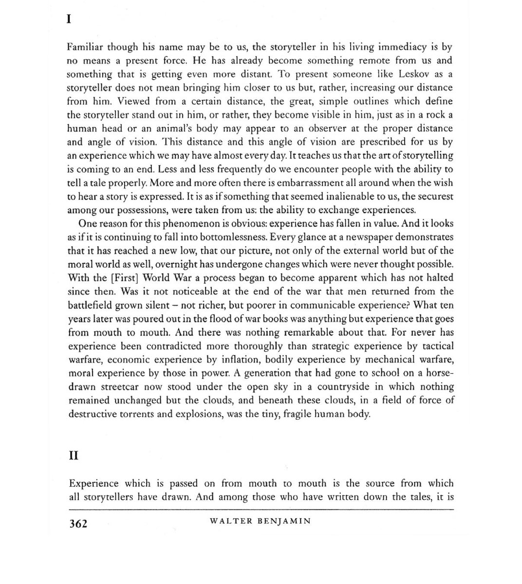 deadmoten's tweet photo. “less and less frequently do we encounter people with the ability to tell a tale properly…it is as if something that seemed inalienable to us, the securest among our possessions, was taken from us: the ability to exchange experiences.” (1936) https://t.co/3tTwIXtLQW